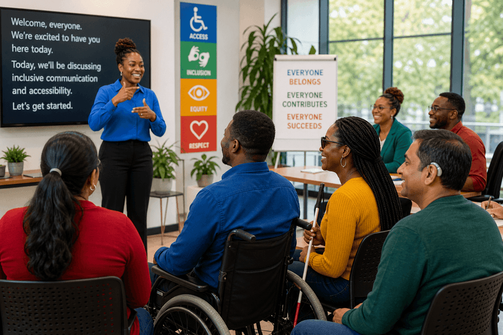 Accessible training session with a sign language interpreter, live captions, and attendees with disabilities