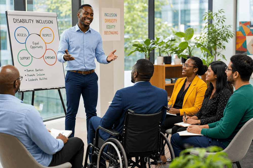 Facilitator leading an in person disability inclusion workshop with a diverse group including a wheelchair user