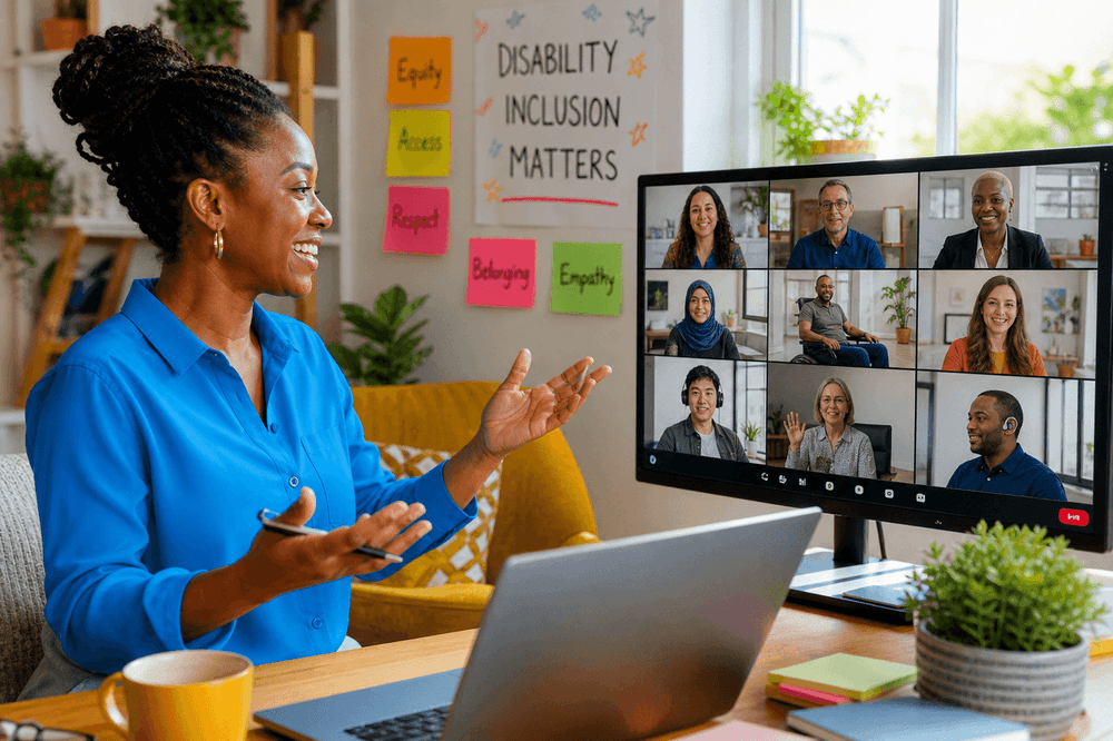 Facilitator leading a live virtual inclusion webinar with diverse remote attendees on screen
