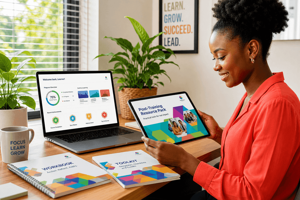 Learner reviewing colourful digital resource packs and an online learning dashboard